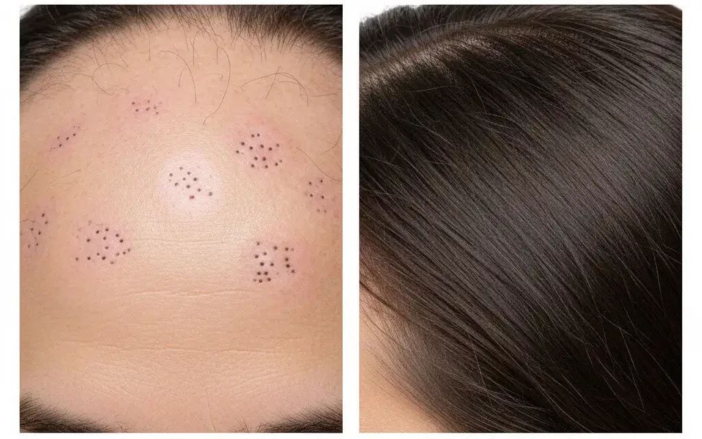 Comparative image of what does hair look Like before and after having alopecia areata?Before and after picture of alopecia areata vs healthy hair.