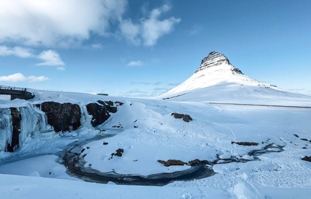 The magnificent Kirjufellsfoss and Kirkjufell in winter