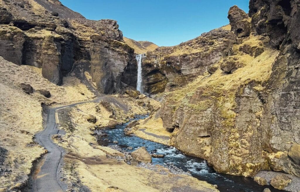 Kvernufoss waterfall from a distance