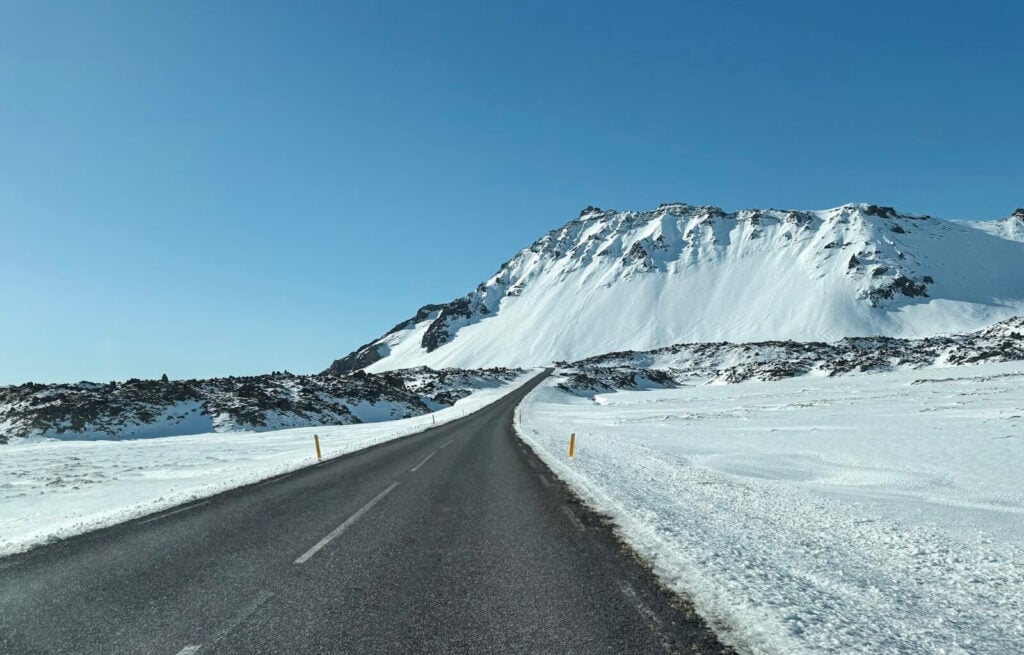 Icy surroundings on a road in the Snaefelleness Peninsula in April