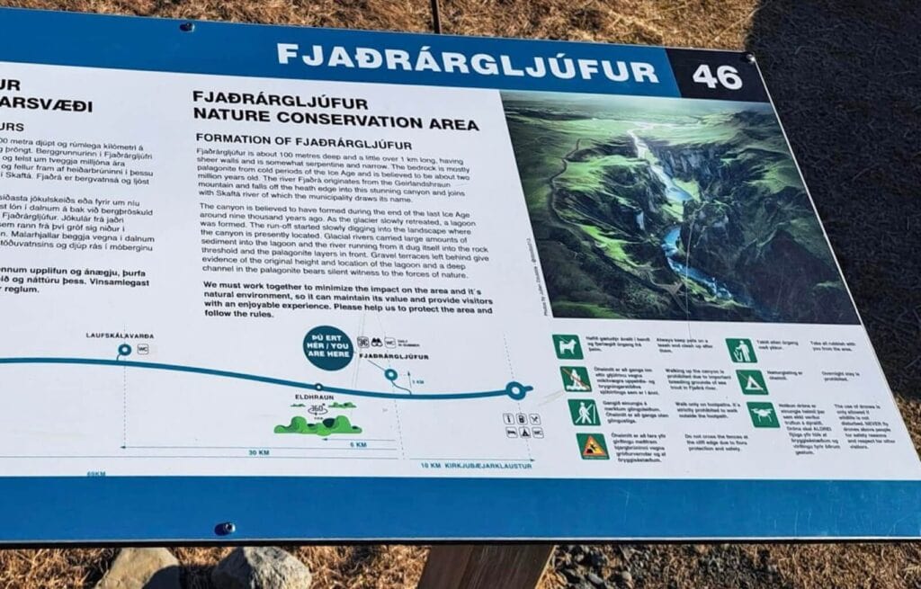 The sign at the car park telling people about the canyon