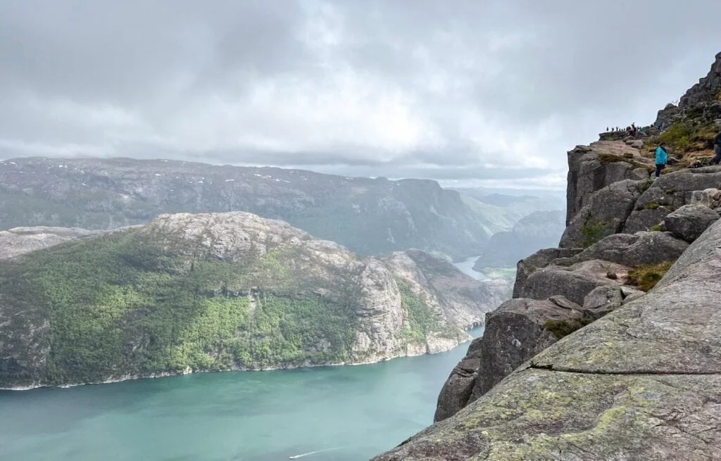 The steep side of the Preikestolen hike with the fjord on the right