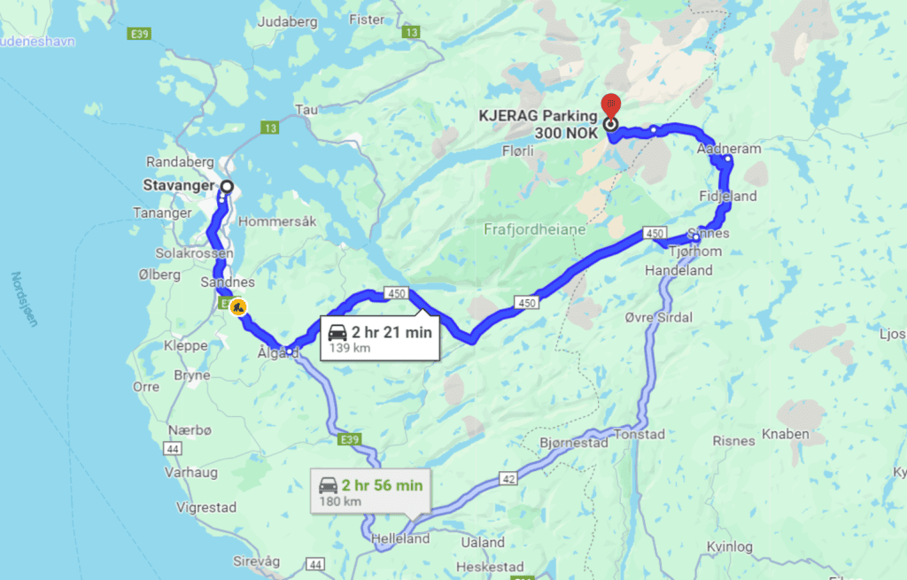 Map showing routes from Stavanger to Kjerag Parking in Norway, highlighting scenic roads and distances of 139 km and 180 km.