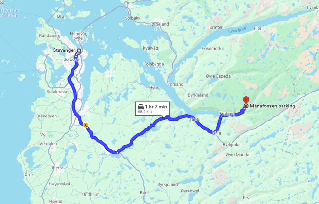 The drive from Stavanger city centre to Manafossen waterfall