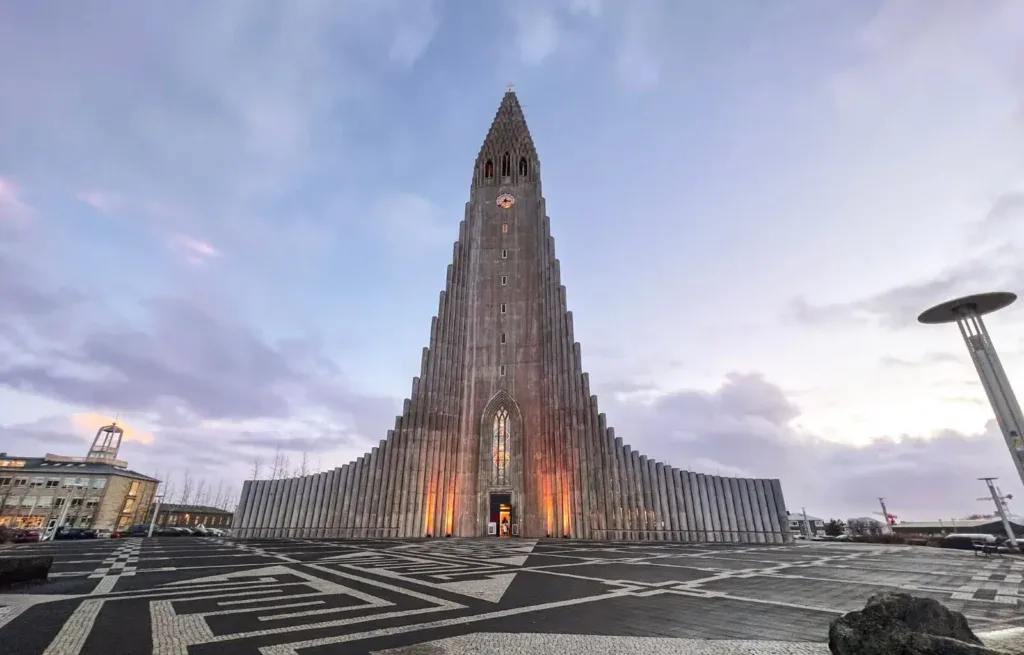 The magnificent Hallgrinskirkja Church in Reykjavik at sunset