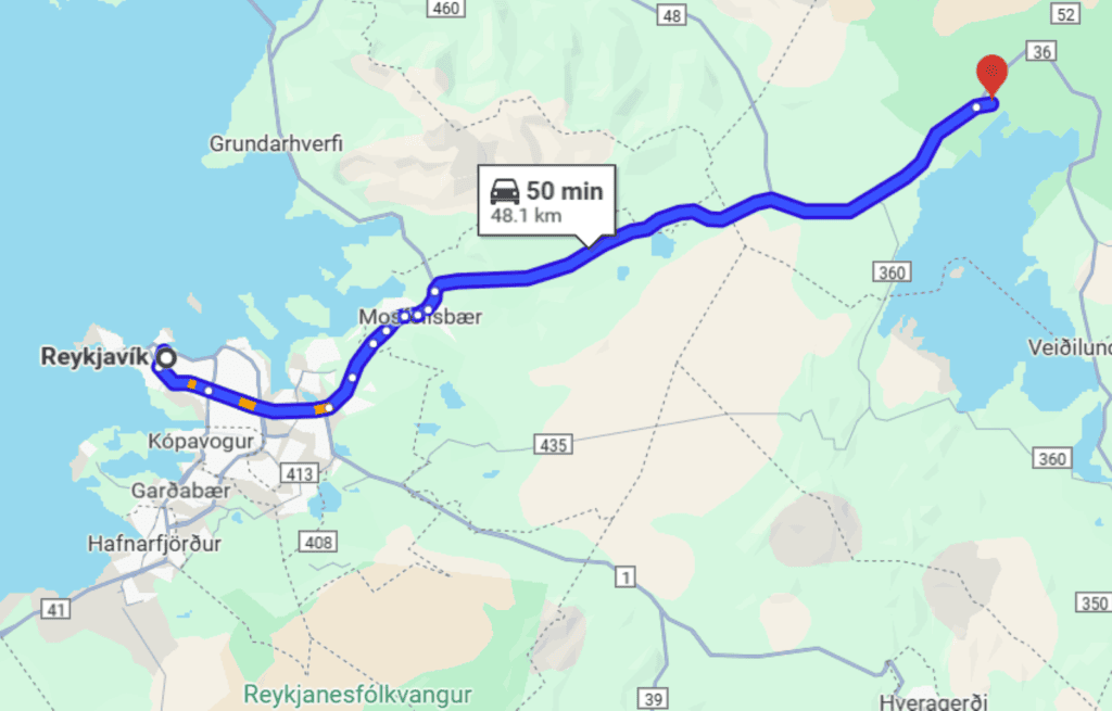 The map of the drive from Reykjavik to Thingvellir National Park