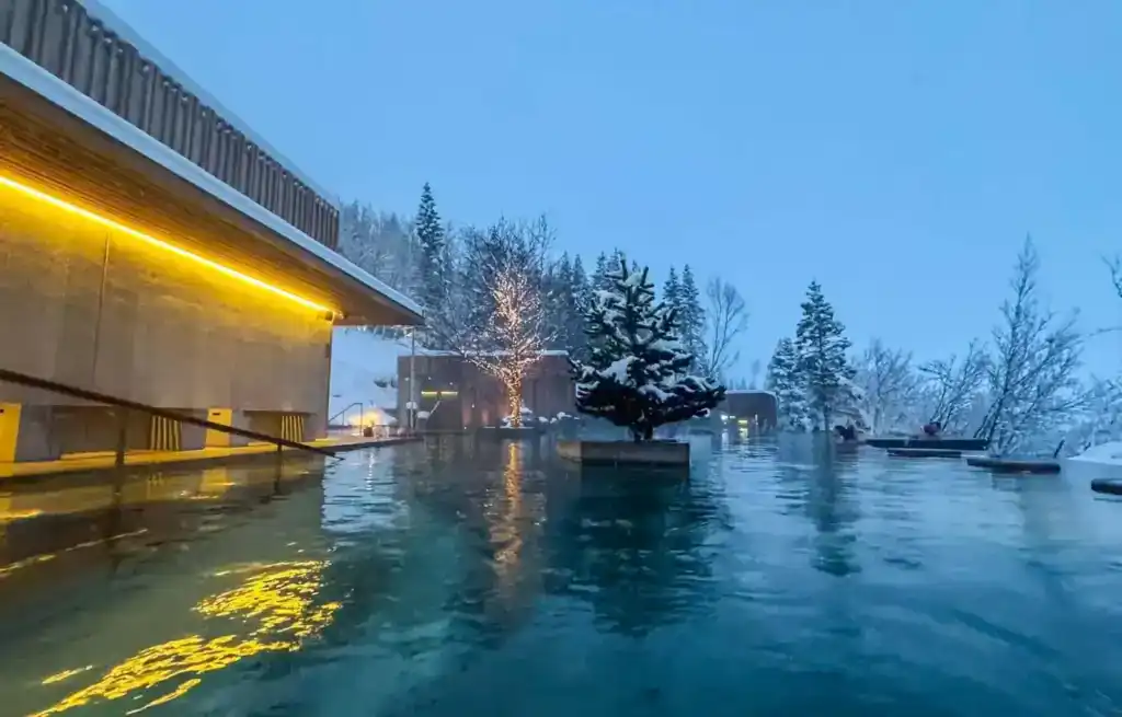 Outdoor pool with snow-covered trees and buildings in the background during winter evening.