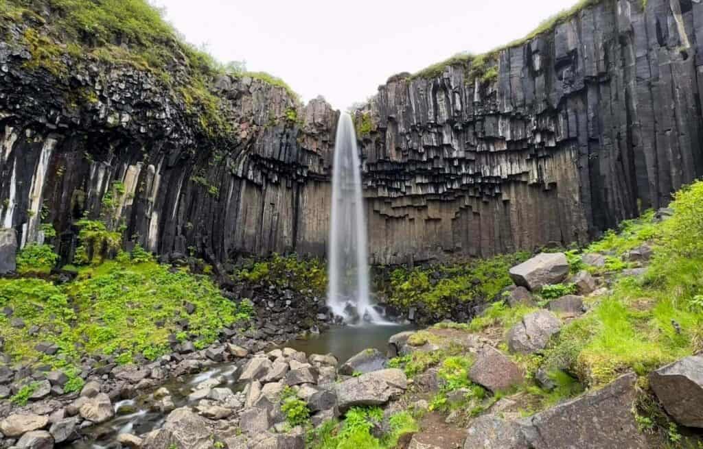 Seljalandsfoss waterfall cascading down tall basalt cliffs with lush greenery at the base.