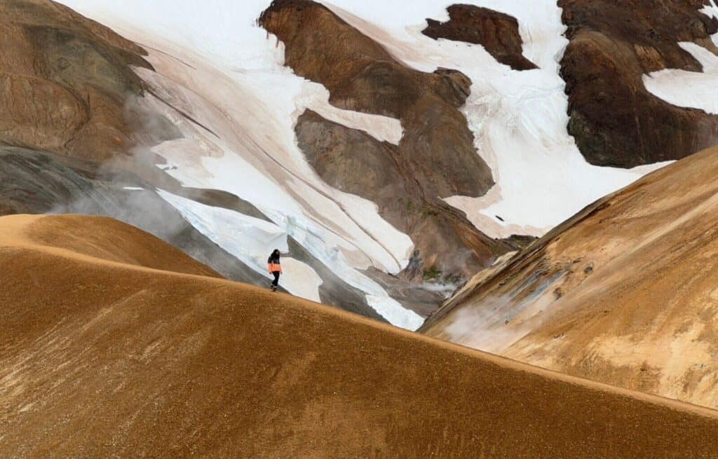 Walking down the hiking trail in Kerlingarfjoll in Iceland