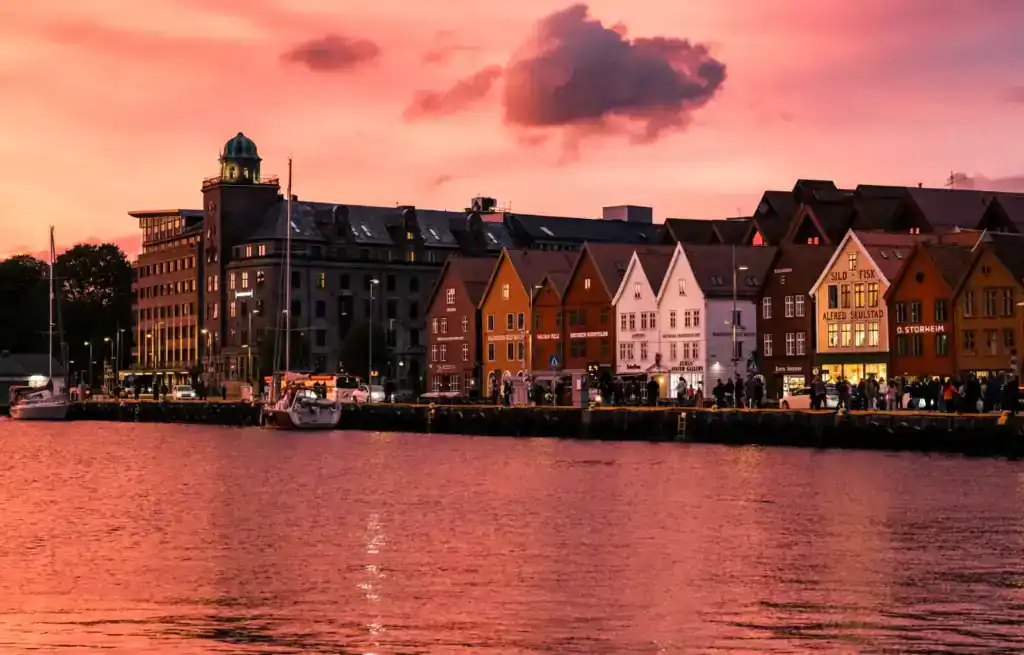 Bergen waterfront at sunset glowing red
