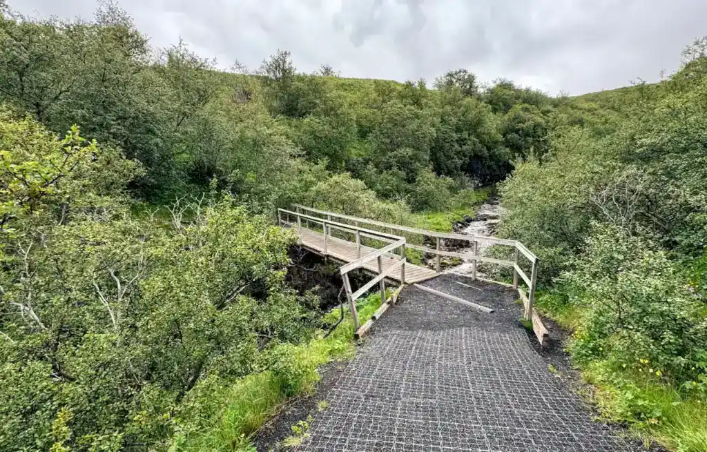 Wooden pathway with railings leading through lush green landscape towards a waterfall.