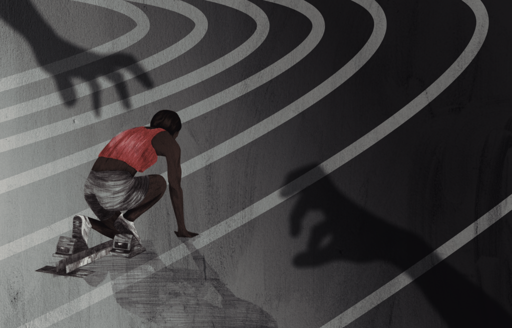 An illustration of a man on the starting blocks of a track with hands looking like they are trying to grab him