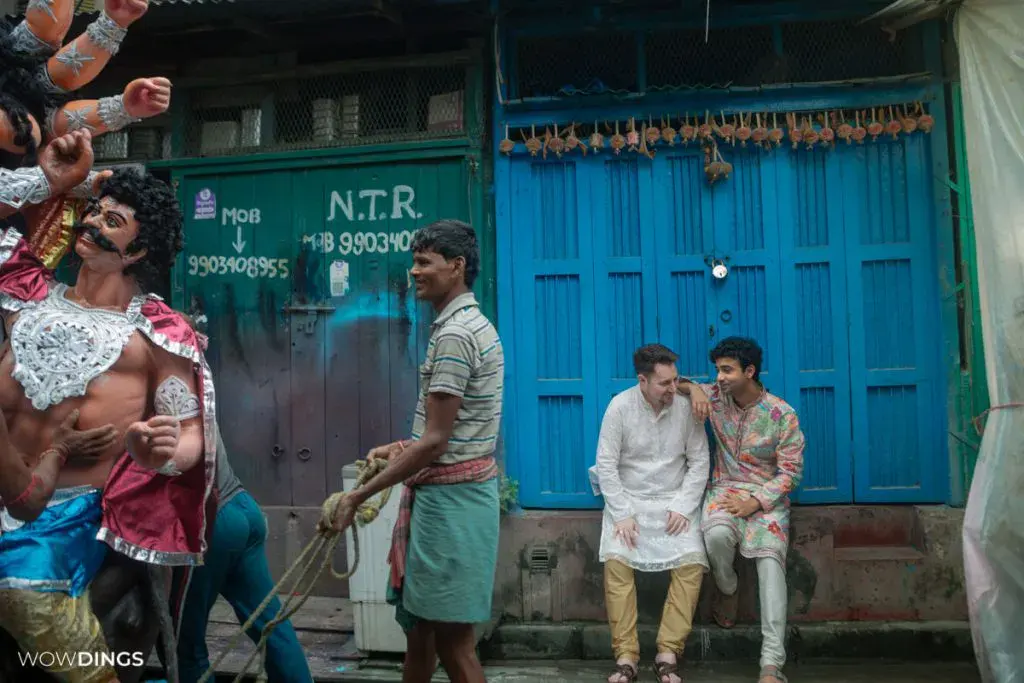 LGBTQ engagement photography by Adusyanti Chatterjee in old Kolkata—Bagbazar streets, Durga Idol.