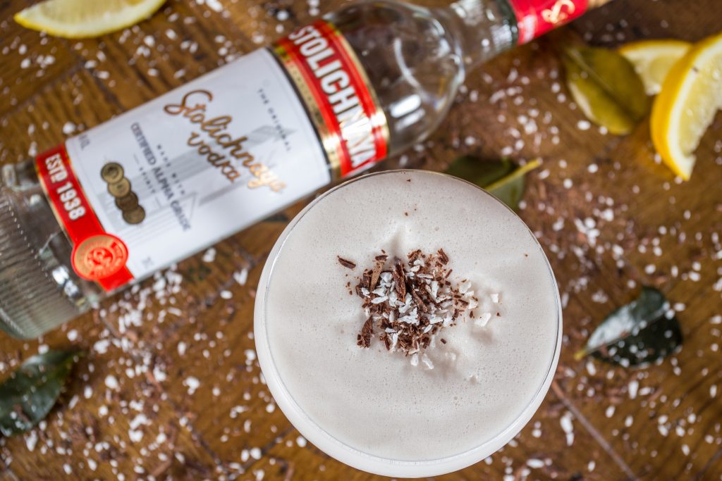 Cocktail photo with stoli vodka, chocolate and coconut shavings