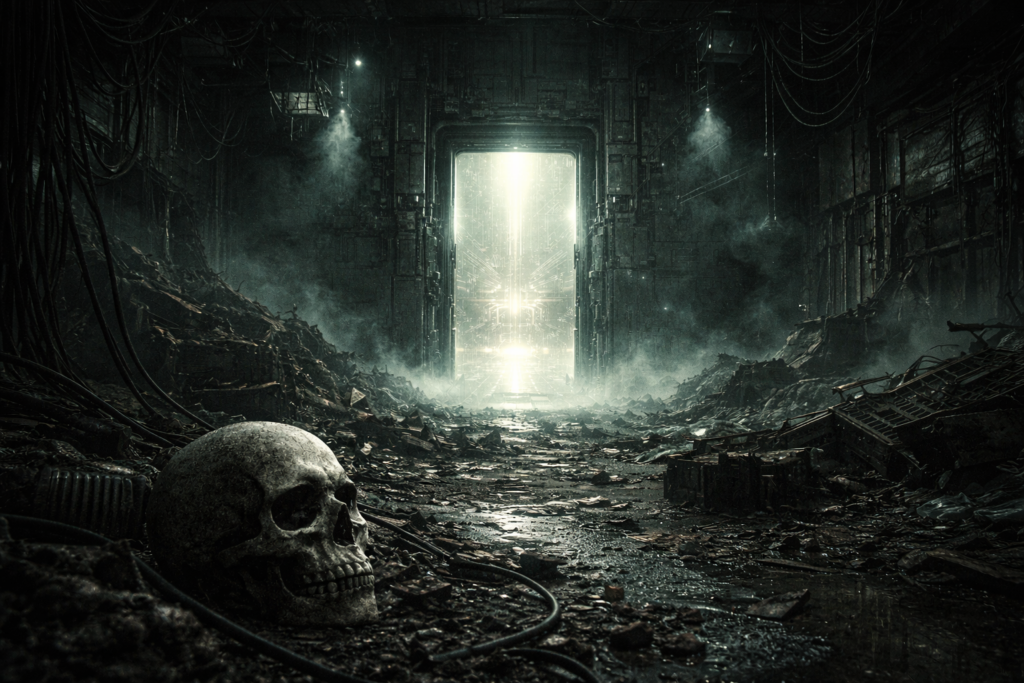Wide-angle photograph of an abandoned industrial corridor with cracked concrete, debris and exposed cables on the ground. A human skull lies in the foreground, partially covered in dust. In the background, a massive steel doorway embedded in concrete emits a soft pale light, illuminating drifting fog inside the structure. The scene appears cold, empty and lifeless, with a muted green-grey color palette and no people present.