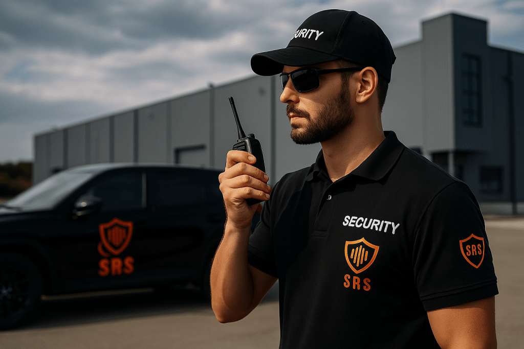 Security Response Sydney mobile security guard with radio in uniform patrolling a commercial industrial site in Sydney