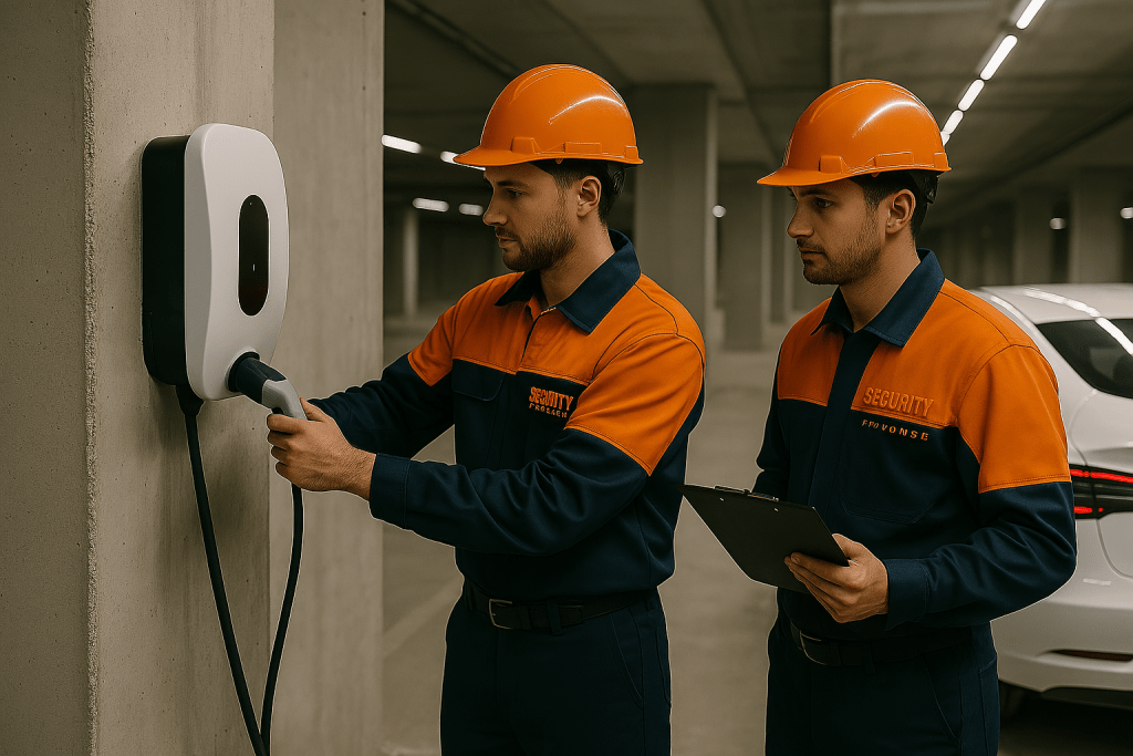 Two electricians installing an EV charger in an underground commercial parking garage in Sydney