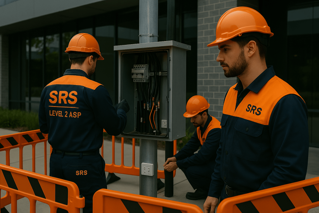 SRS Level 2 ASP team working on mains power connection in an outdoor installation zone