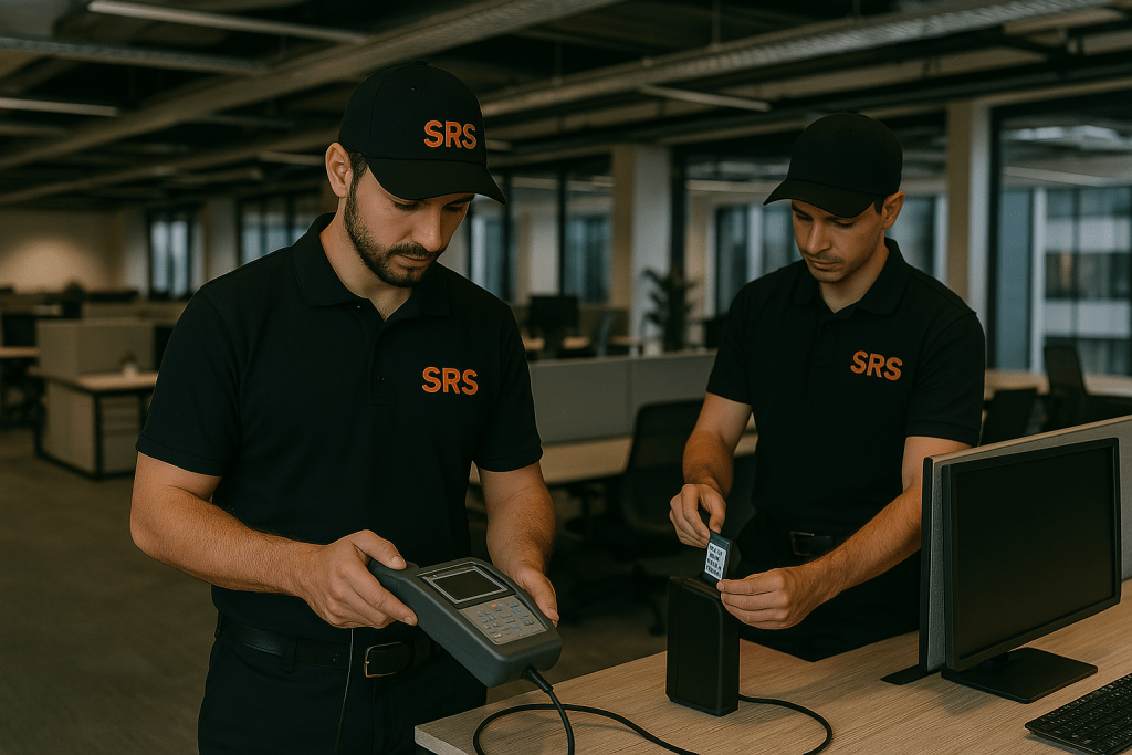 Two electricians from SRS testing and tagging office equipment in a Sydney workplace