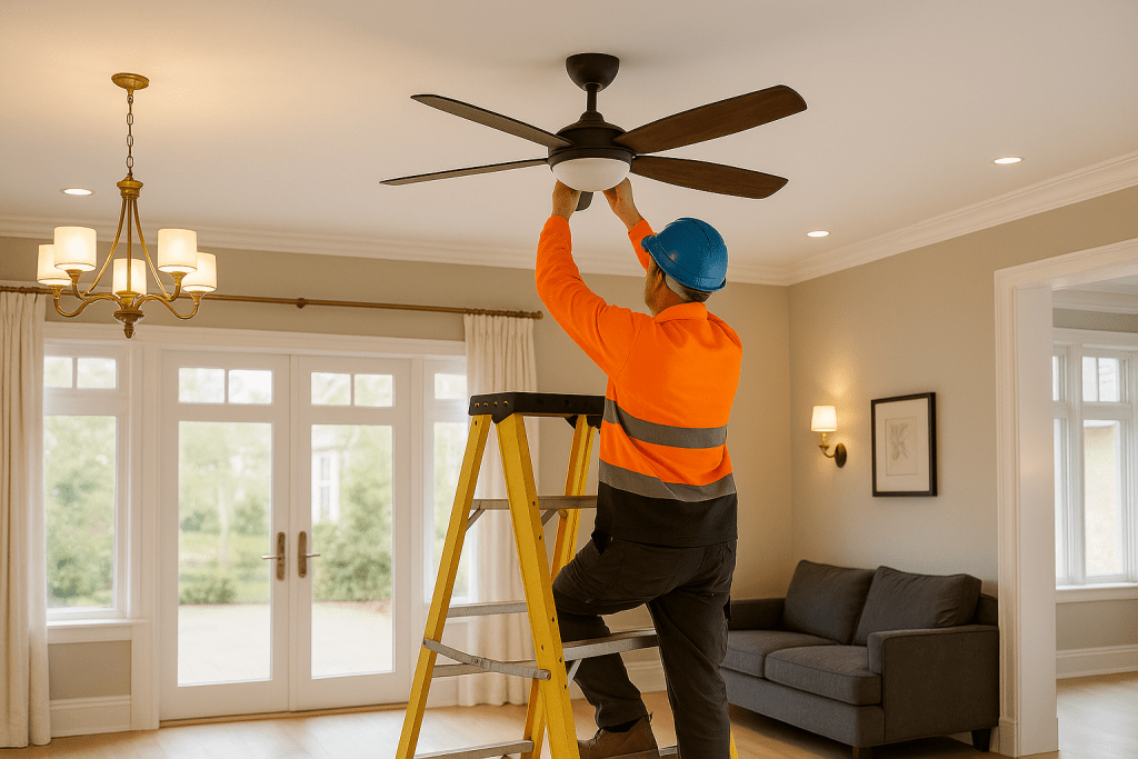 Ceiling fan installation by SRS Services in a stylish Sydney home interior.