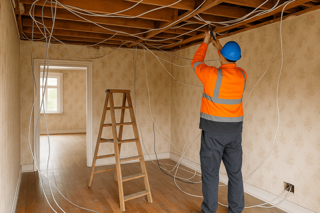 Licensed electrician rewiring an older Sydney home with exposed ceiling framework