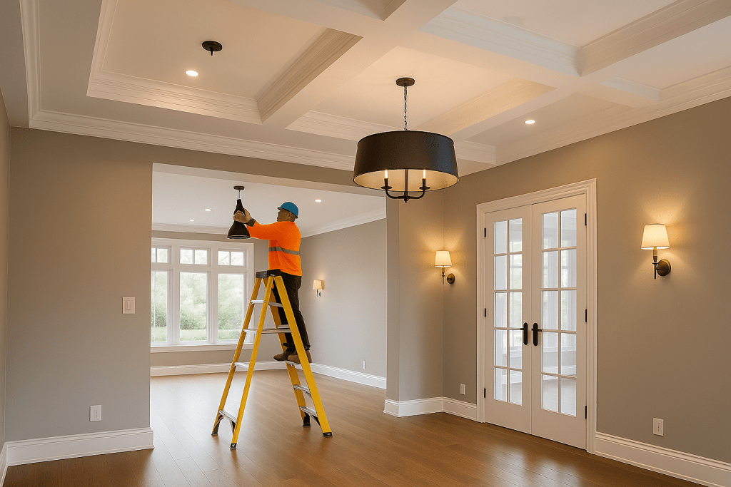 Electrician installing pendant lighting in a modern Sydney living room