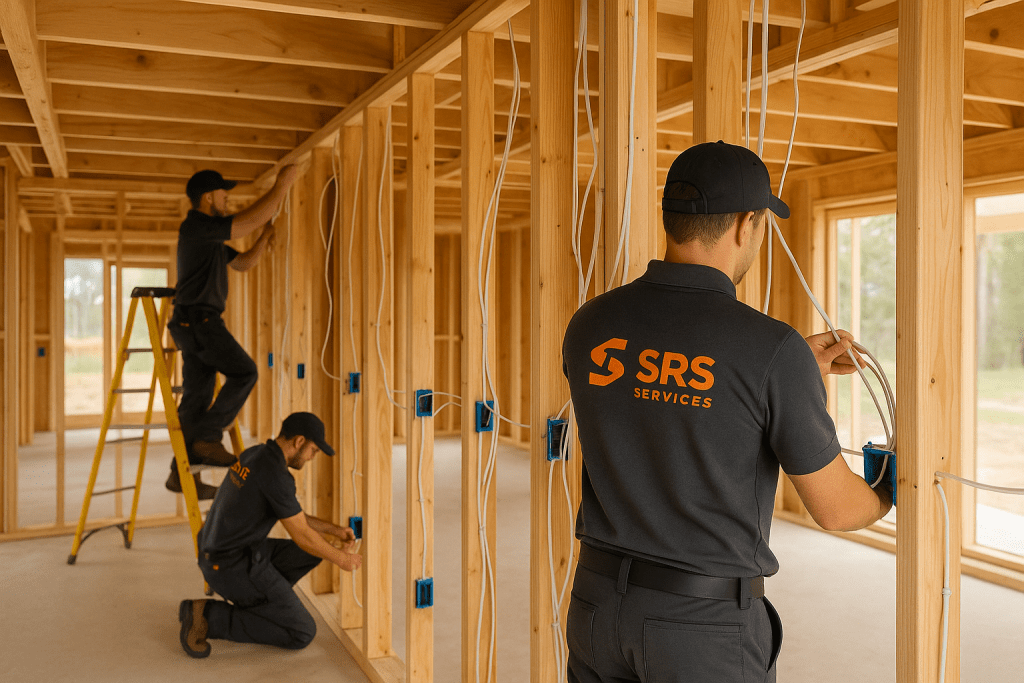 Residential electricians from SRS Services performing new home wiring in Sydney timber frame build