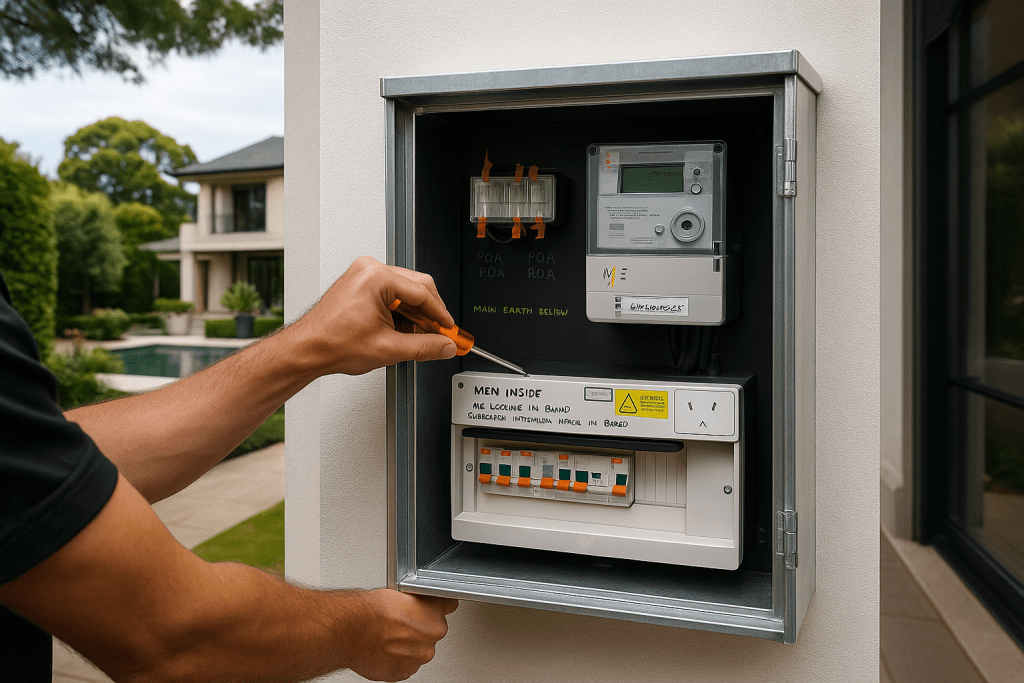 Outdoor switchboard upgrade being completed by SRS electrician in a modern Sydney home