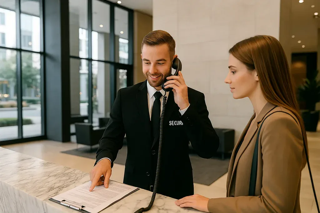 security officer assisting a visitor while managing front desk communications in a Sydney office building.