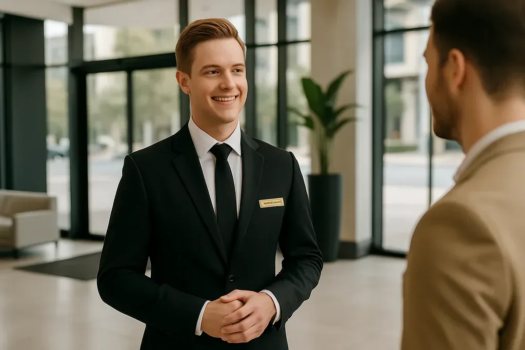 Concierge officer in a modern Sydney building lobby offering assistance to a client.