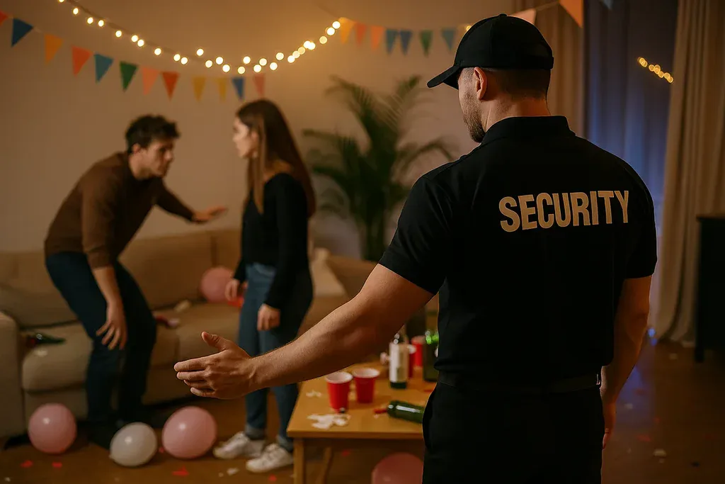 Security guard intervening during a tense moment at a house party with decorations and scattered drinks