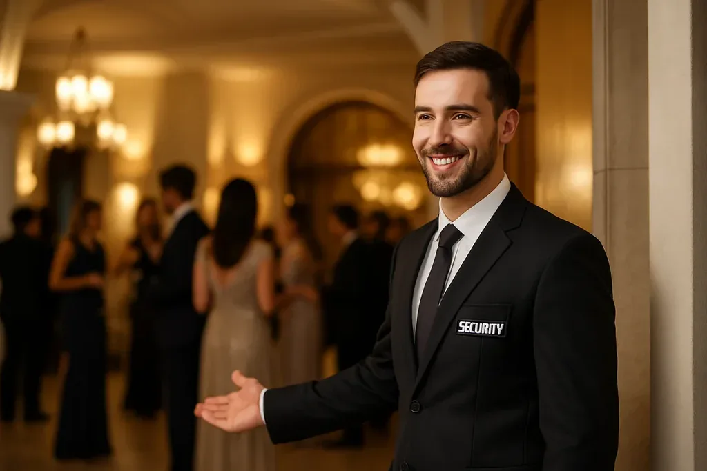 Friendly professional security guard welcoming guests at a private event in Sydney