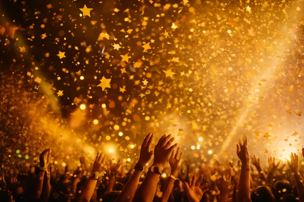 Crowd celebrating under golden confetti and lights at a Sydney party event