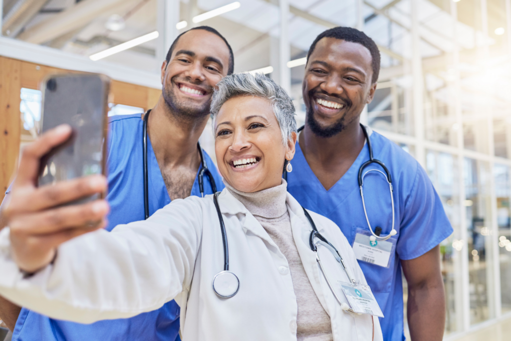 Healthcare workers taking a selfie.