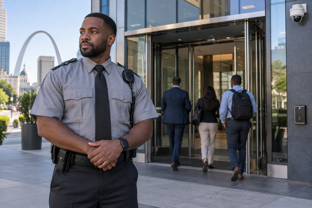 Commercial security officer protecting a business property in St. Louis.