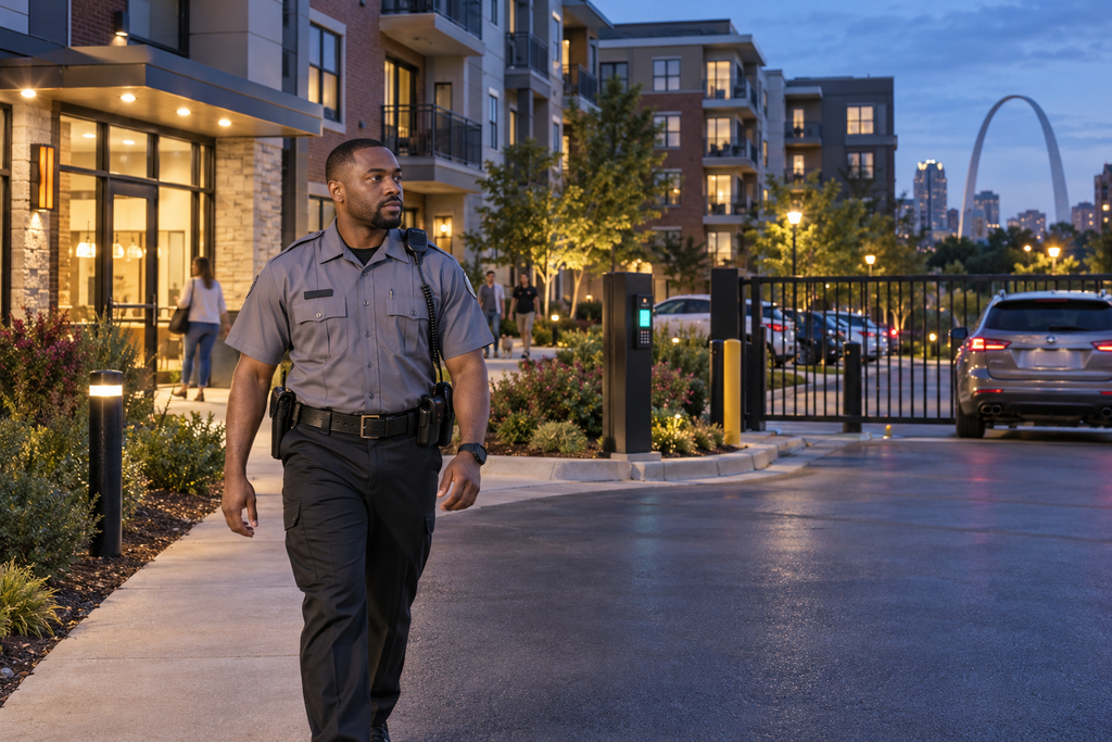 Residential security officer patrolling an apartment community in St. Louis.