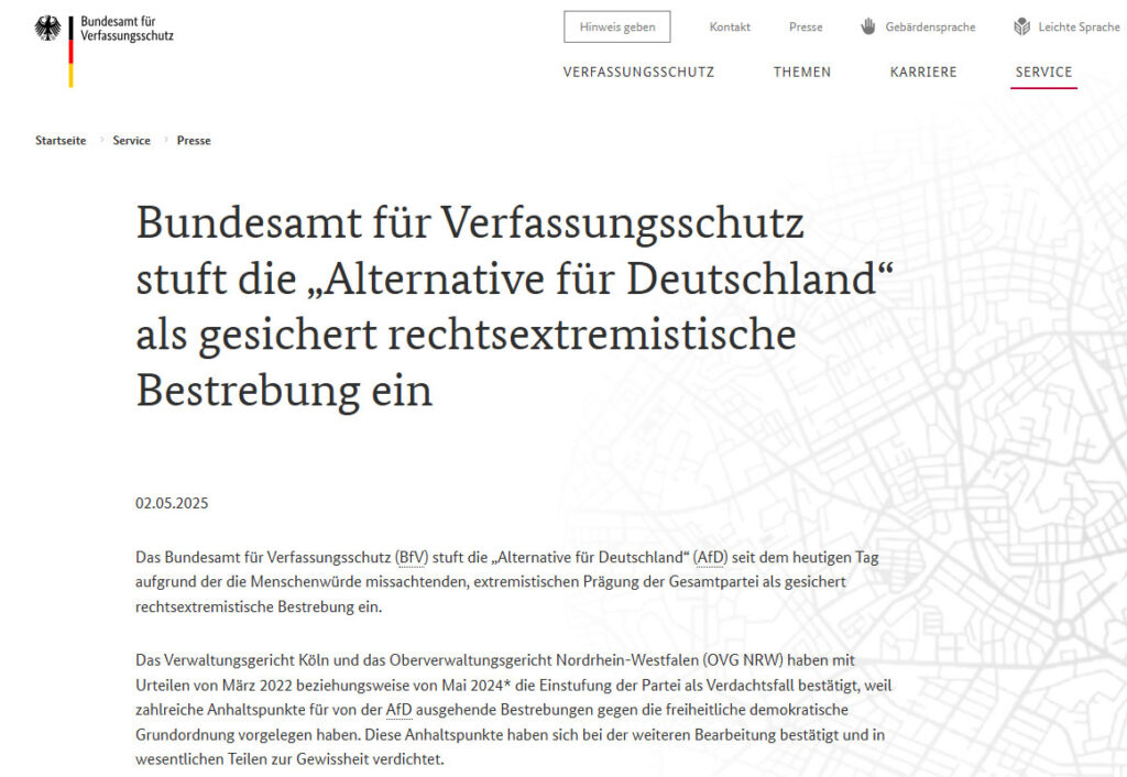 AfD gesichert rechtsextrem - Bundesamt f. Verfassungsschutz - Screenshot der Pressemeldung vom 2.5.2025