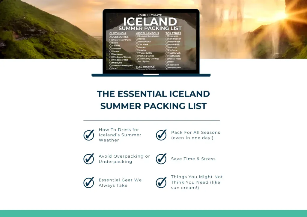 A digital graphic displaying an Iceland summer packing list on a laptop screen, set against a scenic Icelandic landscape with green hills and a golden sunset. The packing list includes clothing, accessories, toiletries, electronics, and miscellaneous items like books and packing cubes. Below, a checklist outlines key packing tips, including avoiding overpacking, using layering strategies, and budget-friendly travel tips.
