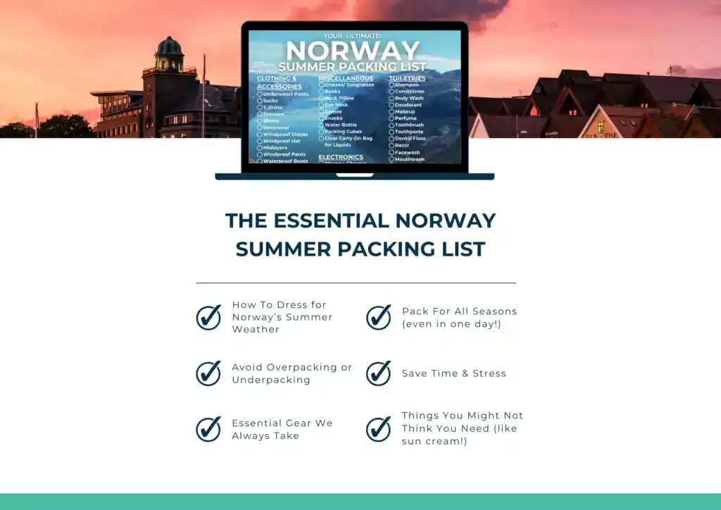 Graphic of a laptop with a “Norway Summer Packing List” displayed on screen, set against a sunset over Norwegian wooden houses. The list includes clothing, accessories, toiletries, and electronics. Below, bold text reads “The Essential Norway Summer Packing List” with icons highlighting advice such as how to dress for summer weather, packing for all seasons, avoiding overpacking, essential gear, saving time, and unexpected items like sun cream.