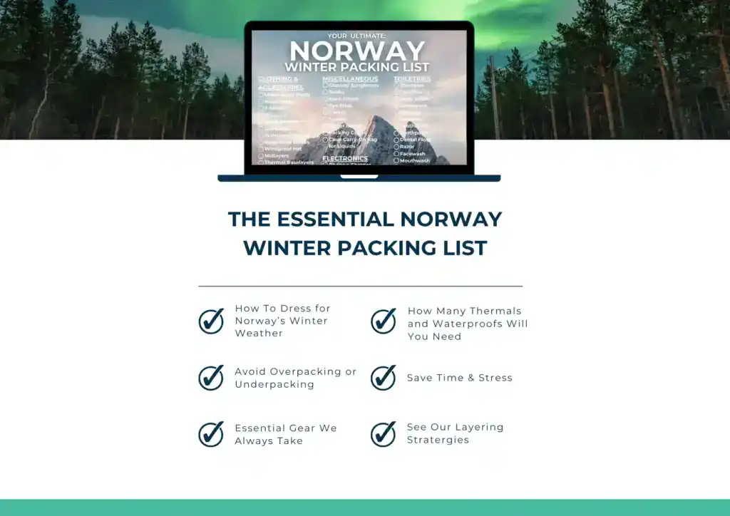 Graphic of a laptop against a backdrop of Norway’s northern lights and pine trees, showing a “Norway Winter Packing List” with sections for clothing, accessories, toiletries, and electronics. Below, bold text reads “The Essential Norway Winter Packing List” with icons highlighting tips such as how to dress for winter, avoiding overpacking, layering strategies, and essential gear to save time and reduce stress.