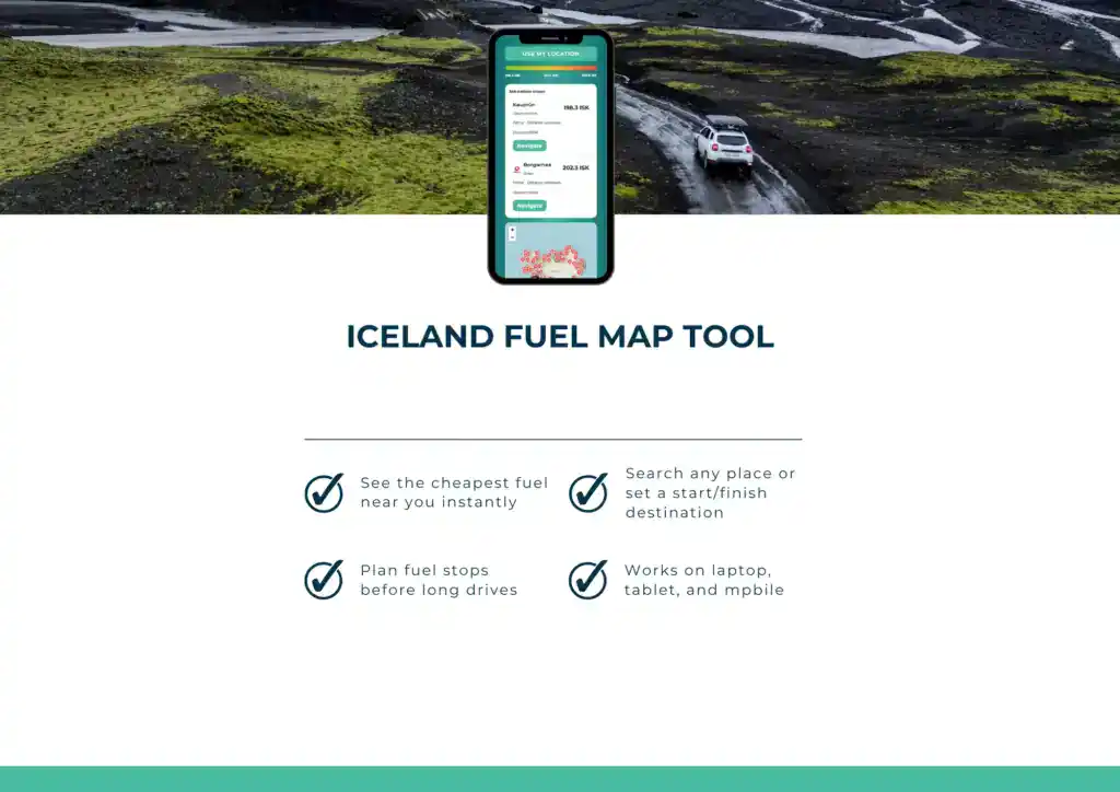 Icelandic landscape with a car driving along a winding gravel road, overlaid with a smartphone displaying a fuel price app. Text reads “Iceland Fuel Map Tool” with features listed below: “See the cheapest fuel near you instantly”, “Search any place or set a start/finish destination”, “Plan fuel stops before long drives”, and “Works on laptop, tablet, and mobile