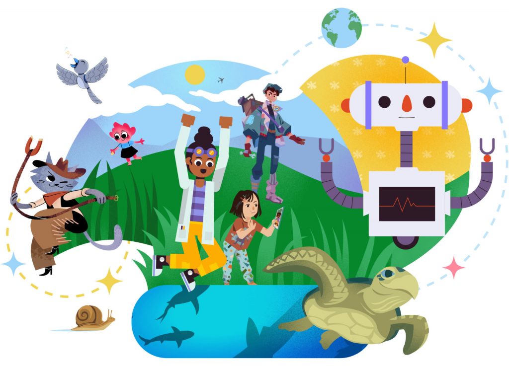 Illustration of diverse characters, including a robot, kids, animals, and a girl on rollerblades, interacting in a colorful, imaginative environment that amplifies the CKLA scope and sequence.