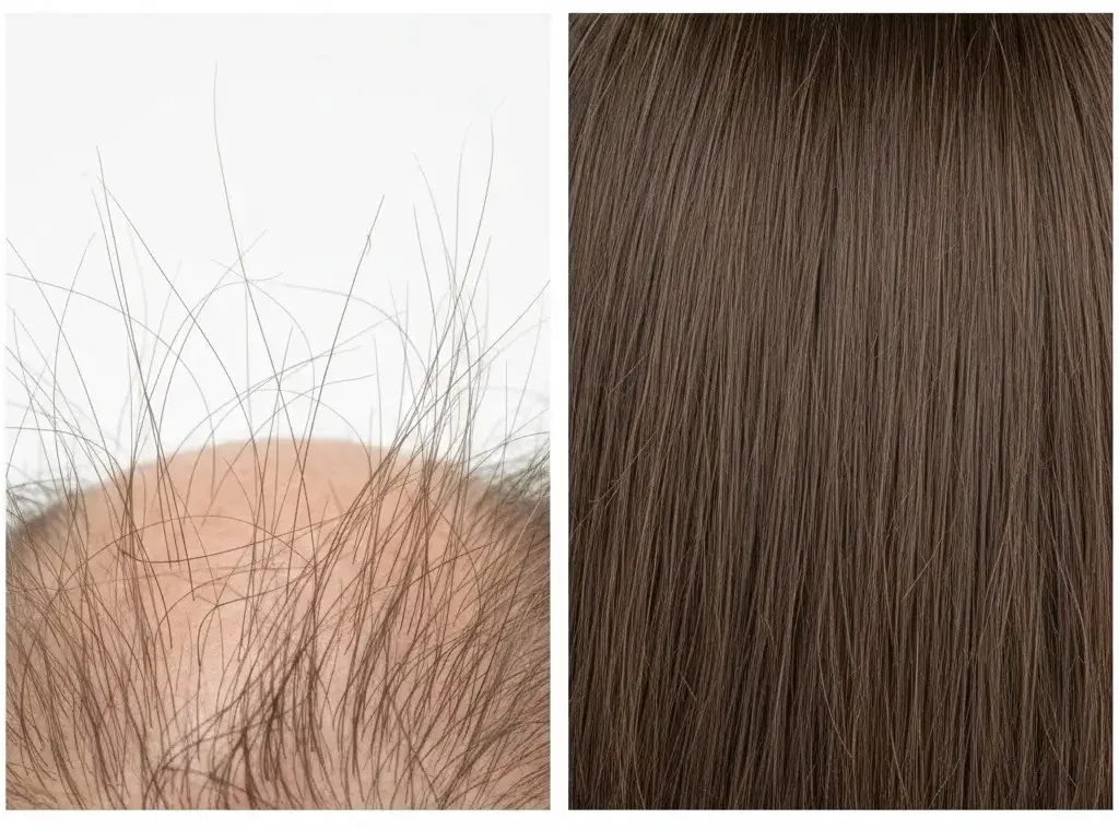 Comparative before and after picture showing what hair looks like before and after having loose anagen