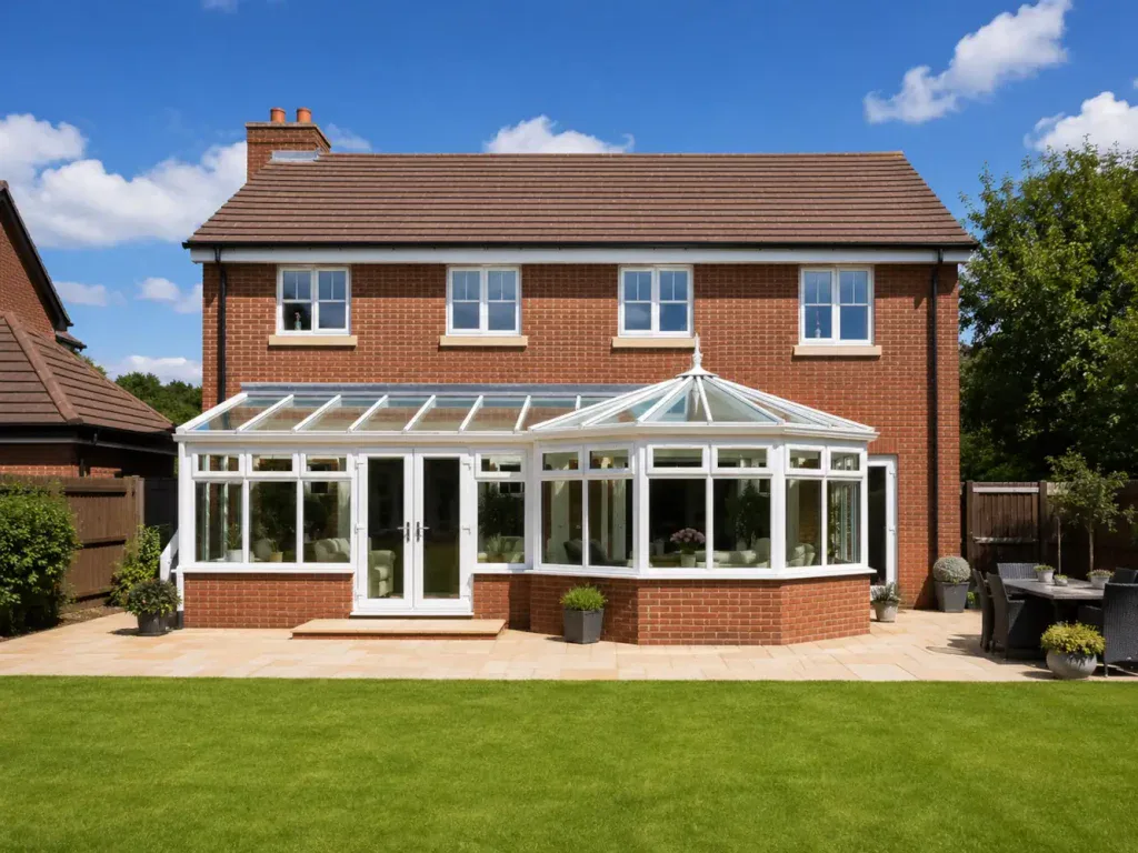 Combination conservatory {location} with white frames, glass roof and brick base viewed from a sunny rear garden.