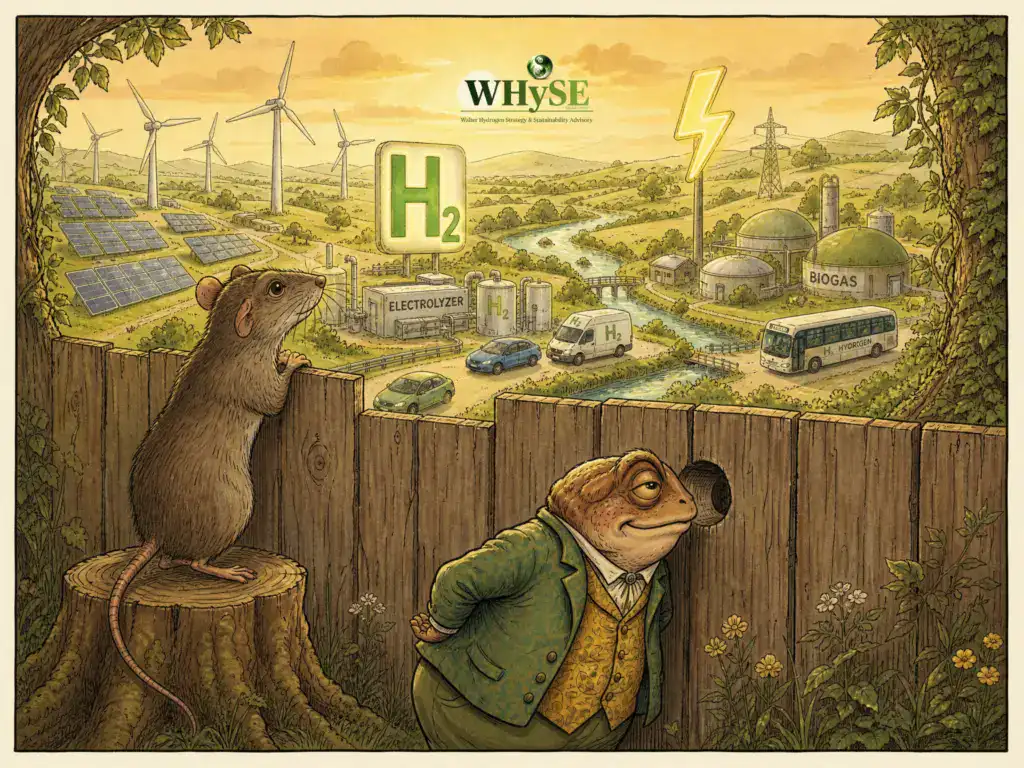 Rat on tree stump looks over fence at a hydrogen energy landscape – Toad peers through a knothole