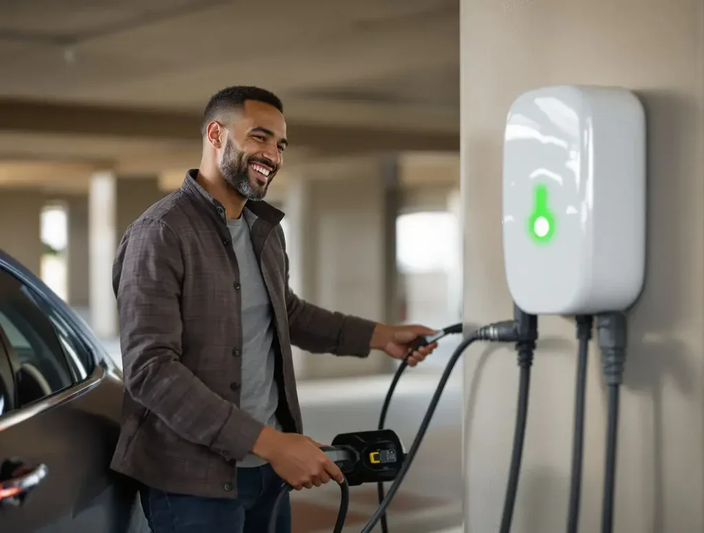 Sydney apartment resident plugging their electric vehicle into a newly commissioned EV charger in their strata parking bay