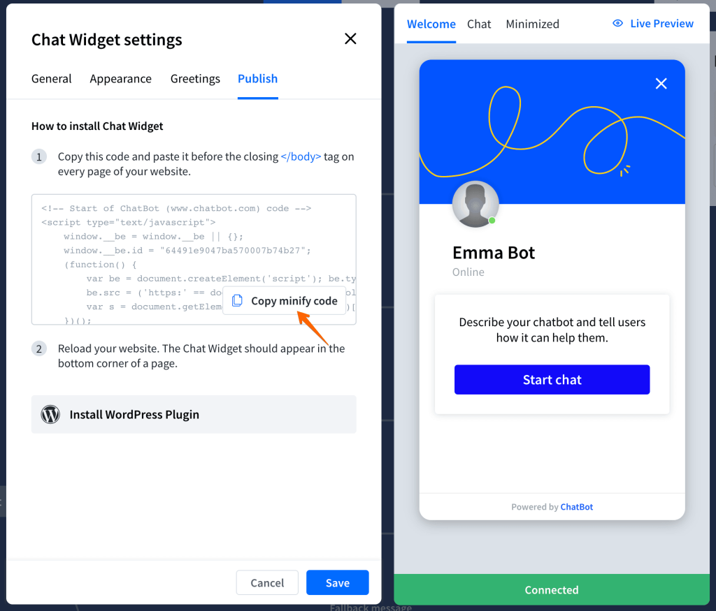 Click on the Copy minify code button