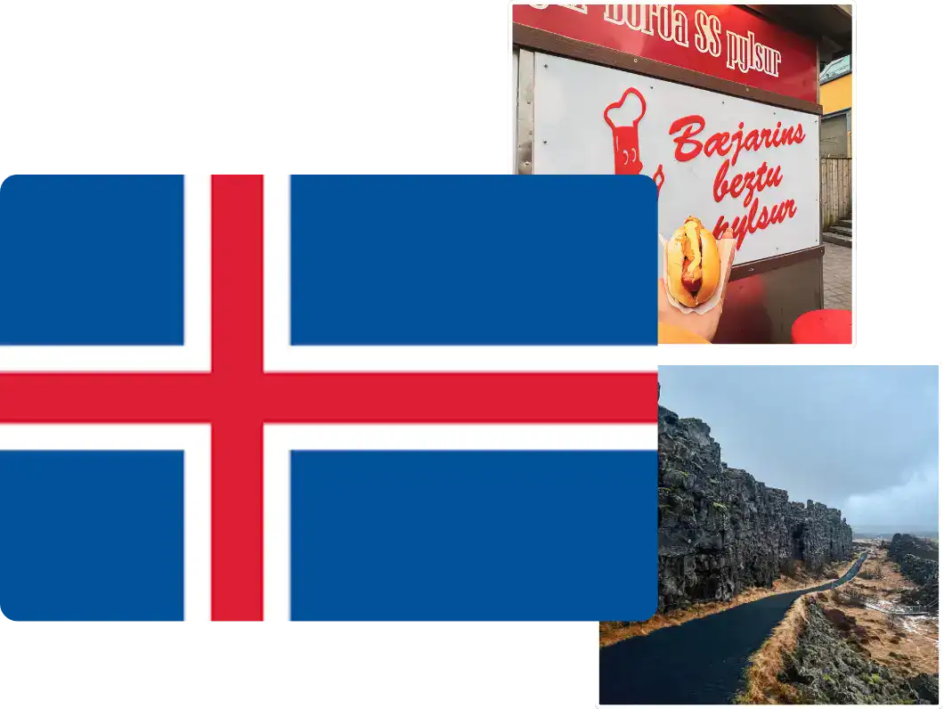 A visual snapshot of Icelandic culture featuring the Iceland flag in the centre, the famous Bæjarins Beztu hot dog stand with a hot dog in hand, and a pathway winding through rocky cliffs in Þingvellir National Park on a grey, misty day. The images reflect national pride, local food, and iconic landscapes.