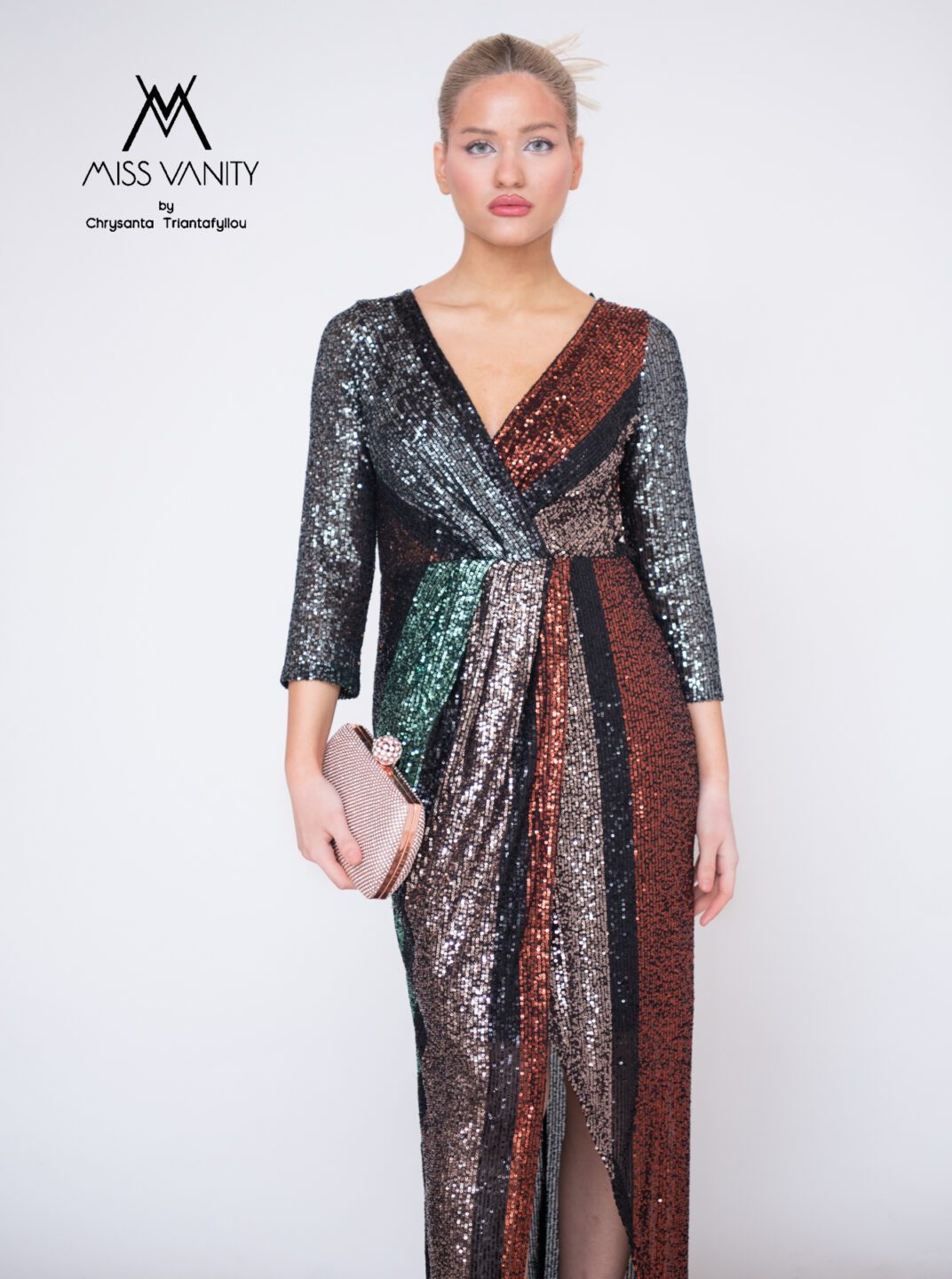 Μακρύ φόρεμα με παγιέτες σε 3 χρώματα, μαύρο ασημί και μπρονζέ