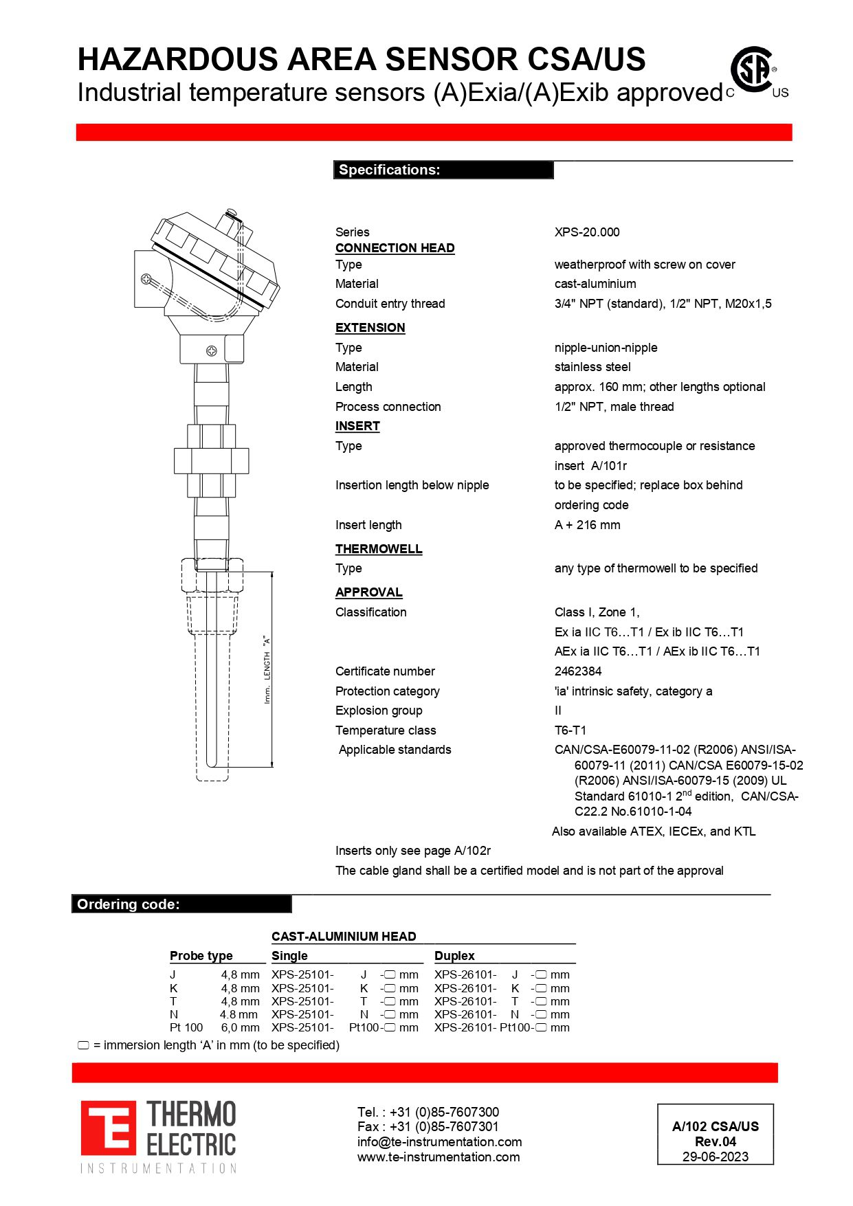 Hazardous Area Industrial Temperature Sensor CSA/US Ex ia/AEx ia Approved